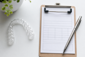 Clear Invisalign aligner tray next to a consultation form and pen on a white surface so that the cost of invisalign can be written