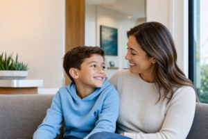 A child and parent smiling together in an orthodontic consultation waiting room