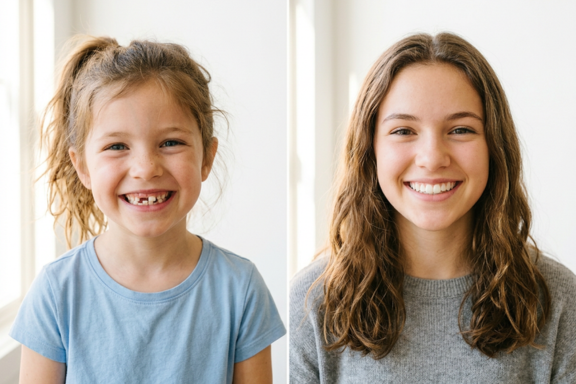Comparison showing a young child at Phase 1 age and a teenager ready for Phase 2 orthodontic treatment